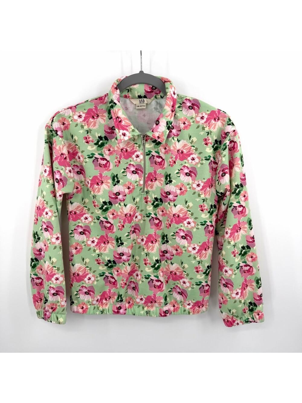 AND Kids Floral Quarter Zip-Up Sweatshirt in Pink Green Size 13-14